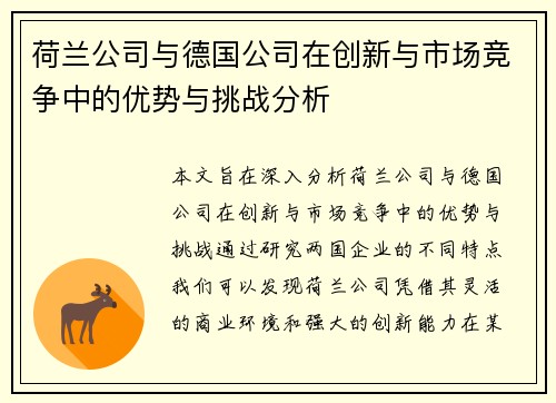 荷兰公司与德国公司在创新与市场竞争中的优势与挑战分析