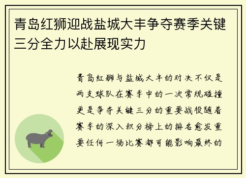 青岛红狮迎战盐城大丰争夺赛季关键三分全力以赴展现实力