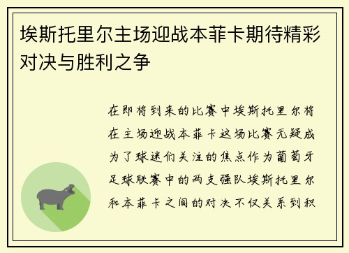 埃斯托里尔主场迎战本菲卡期待精彩对决与胜利之争