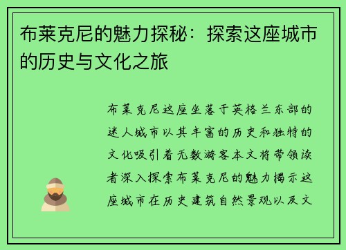 布莱克尼的魅力探秘：探索这座城市的历史与文化之旅