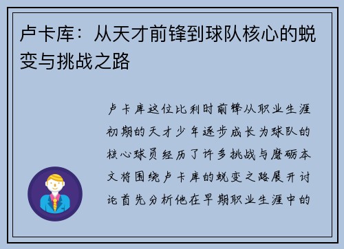 卢卡库：从天才前锋到球队核心的蜕变与挑战之路