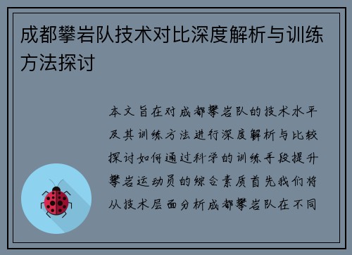 成都攀岩队技术对比深度解析与训练方法探讨