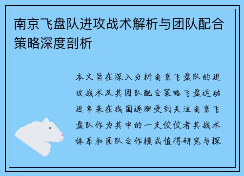 南京飞盘队进攻战术解析与团队配合策略深度剖析