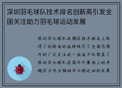 深圳羽毛球队技术排名创新高引发全国关注助力羽毛球运动发展