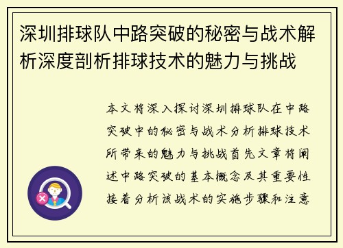 深圳排球队中路突破的秘密与战术解析深度剖析排球技术的魅力与挑战