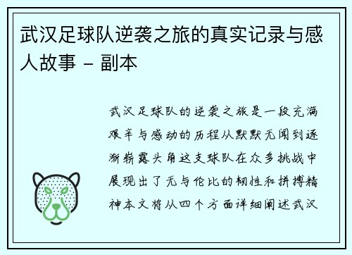 武汉足球队逆袭之旅的真实记录与感人故事 - 副本